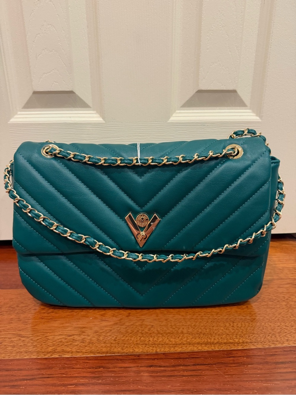Valentino Orlandi Teal Quilted Shoulder Bag with Gold Chain